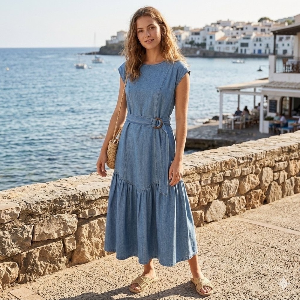 Seed Heritage Boho Denim Chambray Tiered Midi Dress AU 10 US 6/8 Wood Belt Cinch